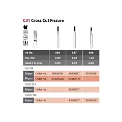Coltene Alpen SteriX Operative Sterile Carbide Burs Cross Cut Fissure C31 #556 FG/314 Clinic Pack, 50/pkg 