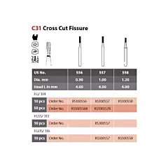 Coltene Alpen SteriX Operative Sterile Carbide Burs Cross Cut Fissure C31 #557 FGOS/316 10/pkg 