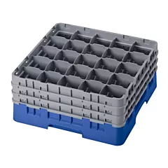 Cambro Glass Rack with 25 Compartments & 3 Grey Extenders - Blue Base