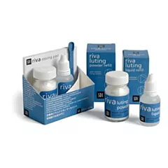 SDI Riva Luting Powder/Liquid Kit: Includes: 35g Rival Luting Powder Bottle, 25g Riva Luting Liquid Bottle, accessories.