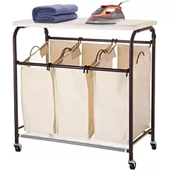 Hospitality Rolling 3-Bag Laundry Sorter with Ironing Board