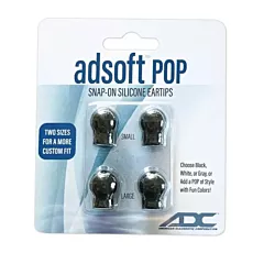 Adsoft POP Snap-On Silicone Eartips - 4 eartips per pack (2x Small, 2x Large), Black.  4/pkg