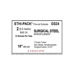 J&J Ethicon Suture DS24, Ethi-Pack Surgical Steel Monofilament 2, No Needle, 18