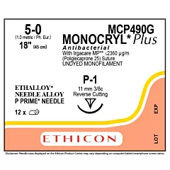 J&J Ethicon Suture MCP490G Monocryl Plus Undyed, 5-0, P-1, 18