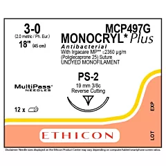 J&J Ethicon Suture MCP496G Monocryl Plus Undyed, 3-0, PS-2, 18