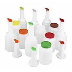 Winco 2 Qt Liquor & Juice Multi Pour Set with Assorted Color Spouts & Lids(PPB-2MX)