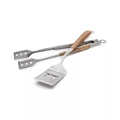 Outset Jackson Acacia Wood Grill Spatula & Locking Tongs Set, Stainless Steel