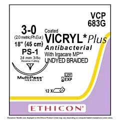 J&J Ethicon Suture VCP683G Vicryl Plus Undyed 3-0, PS-1, 18