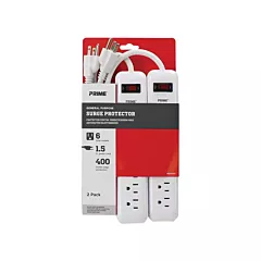 Prime Barre multiprise limiteur de surtension, paquet de 2, 1,5', 6 Nbre de prises de courant, 400 J, 15 A, 1875 W (PB2013X2)