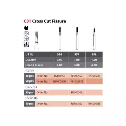 Coltene Alpen SteriX Operative Sterile Carbide Burs Cross Cut Fissure C31 #556 FG/314 Clinic Pack, 50/pkg 