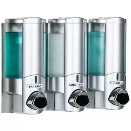 3-Chamber AVIVA Liquid Bath Amenities Dispenser color Transluscent Satin Silver 