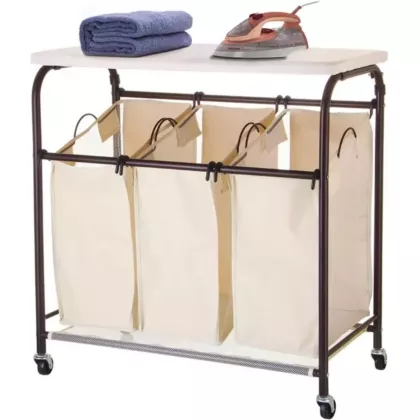 Hospitality Rolling 3-Bag Laundry Sorter with Ironing Board