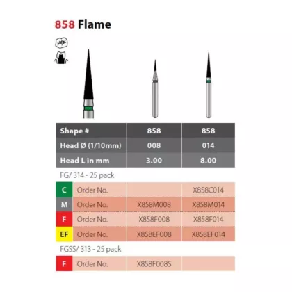 Coltene Alpen X1 Diamond Sterile Burs Flame #858 FG/314, 25/pkg