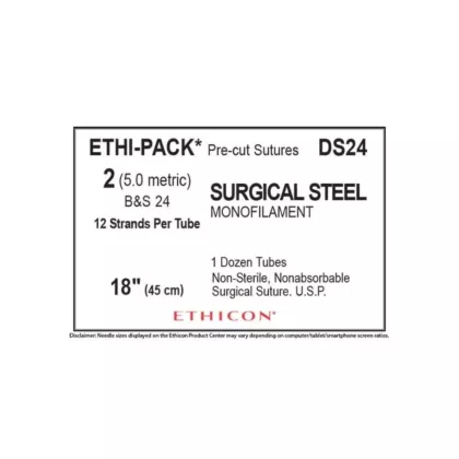J&J Ethicon Suture DS24, Ethi-Pack Surgical Steel Monofilament 2, No Needle, 18