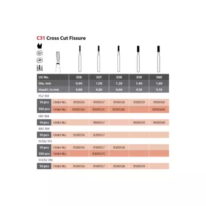 Coltene Alpen Operative Carbide Burs Surgery Length Cross Cut Fissure C31 #557 FGOS/316 Clinic Pack, 100/pkg 