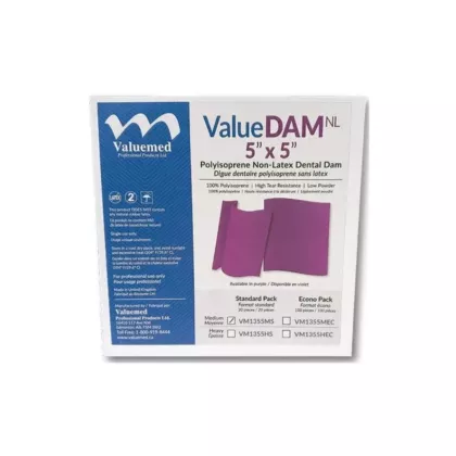ValueDAM NL, Non Latex Dental Dams 5x5 Medium Standard Pack 20/box, Purple (VMVM1355MS)