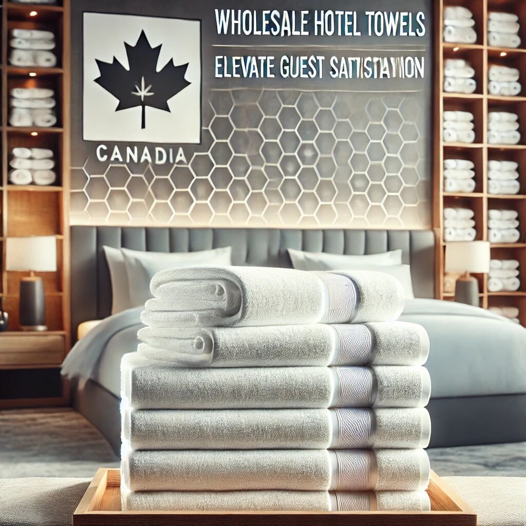 A visually appealing blog image showing a stack of high-quality white hotel towels neatly folded on a luxurious bed in a modern Canadian hotel room.